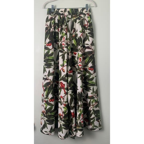 B My Story Long Wide Leg Pants With Berry ,Leaf , Red Bird Print Elastic Waist L - Picture 6 of 11